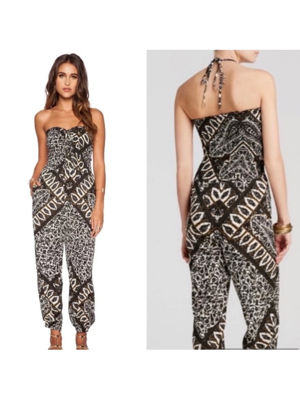 Free People Boho Strapless Smocked Aztec Tribal Balloon Leg Jumpsuit